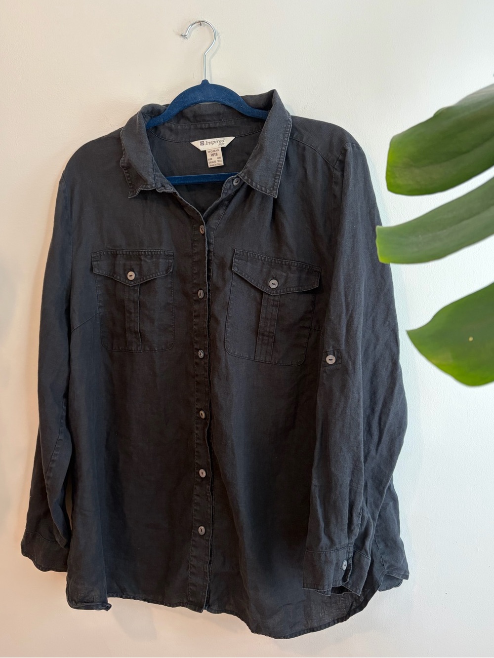 100% Linen Black Button-down Shirt